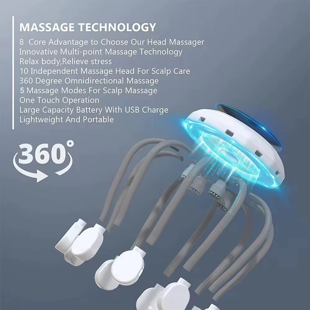 Octopus Claw Eight Claw Massager Stress Relief USB Charging Electric Head Massager Hands Free Therapeutic Multi-Point Massage